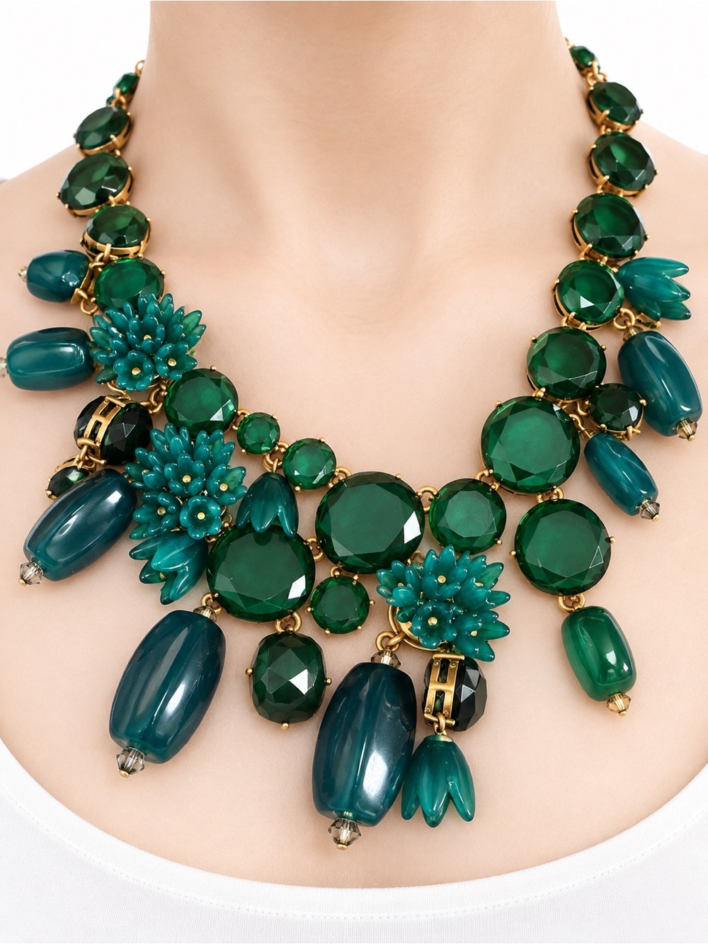 J. Crew Deep Green and Teal Floral Bib Necklace